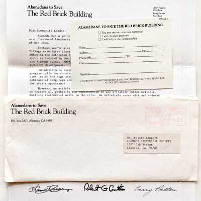 Mailing representing Alamedans to save the Red Brick Building, 1980