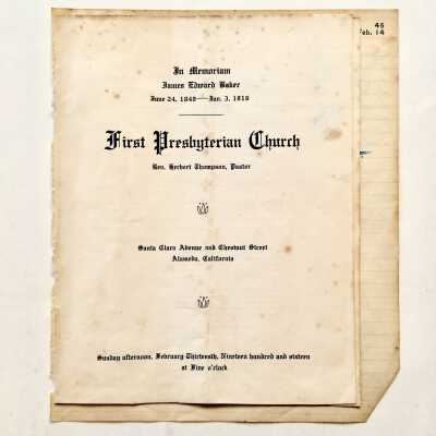 Program memorial service James Edward Baker at First Presbyterian Church, 1916