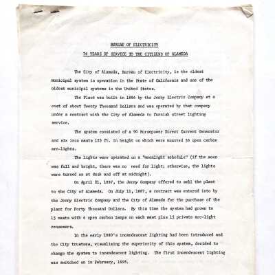 Typed history of the Bureau of Electricity, c. 1962