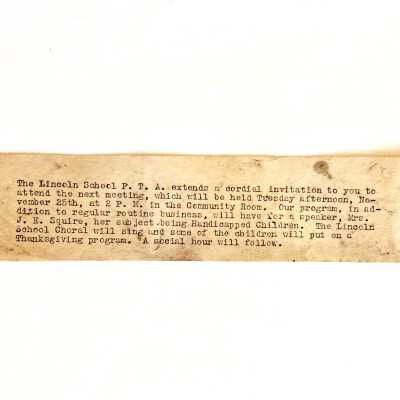 Invitation from Lincoln School PTA for meeting, November 25, 1930