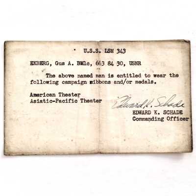 Slip permitting Gus Ekberg to wear Campaign ribbons and medals, 1941-1945