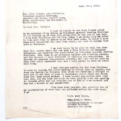 Resignation letter Dorothy Dyer, from American Red Cross, 1945