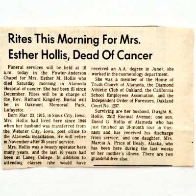 Clipping about death of Mrs. Esther Hollis, 1970