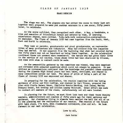 Alameda High School Class of 1938 reunion 50 years booklet, 1988