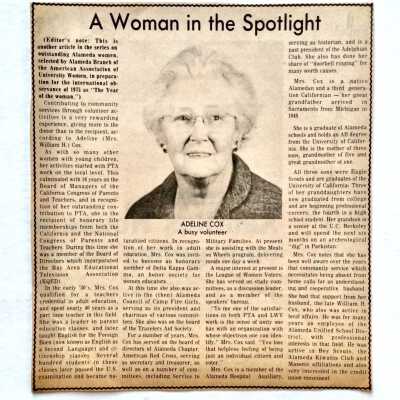 Clipping 'A Woman in the Spotlight' about Adeline Toye Cox, 1975