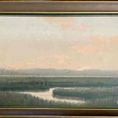 A pastel painting of a marsh scene with birds inflight by Siegfried, c. 1920s