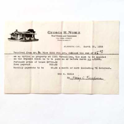 Receipt George H. Noble, deposit 1121 Versailles Ave, for Dan Rice, 1924