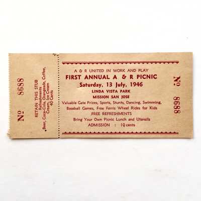 Ticket and stub for First Annual A & R Picnic, NAS, 1940