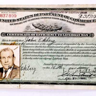Certificate of efficiency to life boat man issued to John Ekberg, 1938