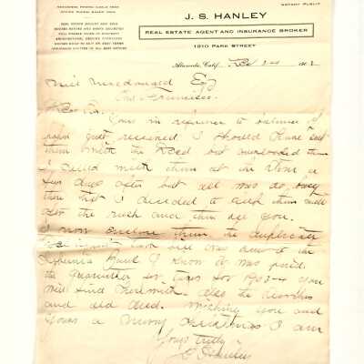 Letter from real estate agent J.S. Hanley re 2066 San Jose Ave, 1903
