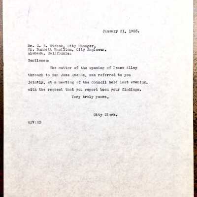 Correspondence about opening of Peace Alley through to San Jose, 1925