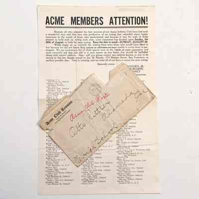 Announcement meeting ACME Athletic Club of San Francisco, and envelope, 1923