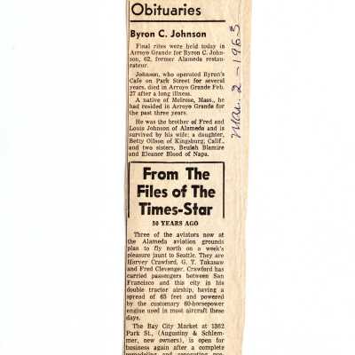 Clipping of obituary of Bryan C. Johnson, operator of Byrons Cafe, 1963