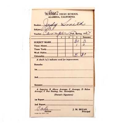 High School Report Card for P.E. for Judy Smith, 1954