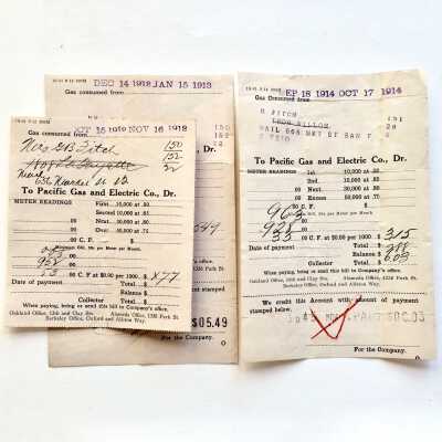PG&E bills for gas for the Fitch family, 1912-1916