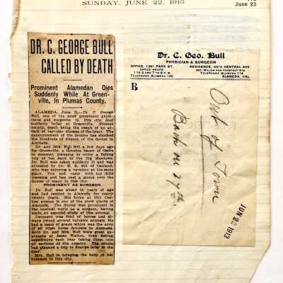 Journal page + Newspaper Clipping and Prescription Sheet re Dr. C. George Bull, 1913
