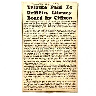 Clipping about C. W. Griffin, Library Board president, 1936