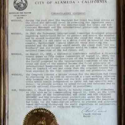 Framed proclamation relating to the Red Cross, signed by Mayor Corica, 1989