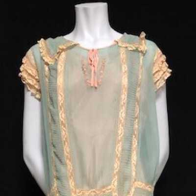 Blue voile dress with pink flowers and 8 rows of lace ruffles, c. 1929-1930