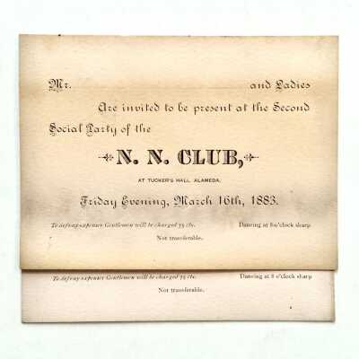 Tickets for a social party at Tucker's Hall by the N.N. Club, 1883