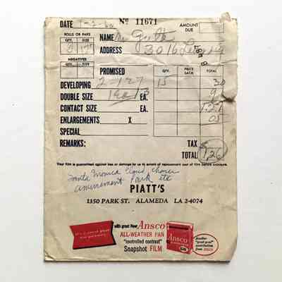 Photo envelope from Piatt's, 1350 Park Street, 1960