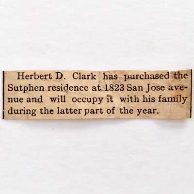Clipping about purchase of 1823 San Jose Ave by Herbert D. Clark, 1904