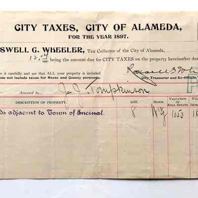 Receipt of City Taxes for 2029 San Antonio Ave, issued to I. I. Tompkinson, 1897