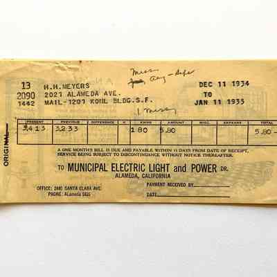 Municipal Electric Light Plant Bills for 2021 Alameda Ave, 1934-1935