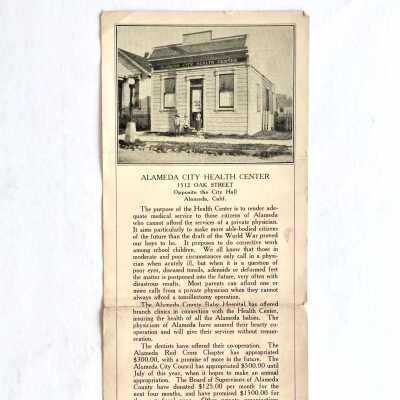 Flyer 'Alameda City Health Center', c. 1921
