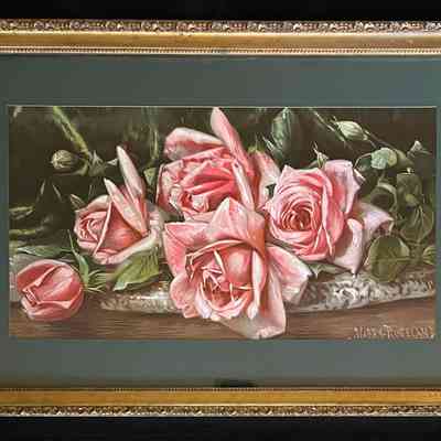 Framed print of roses, by Harry Roseland, of the Fenn family, c. 1900
