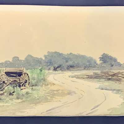 Watercolor sketch of a winding road with wagon, 1890