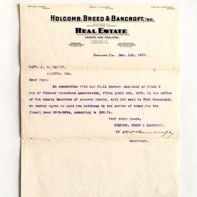 Letter about property taxes for 2066 San Jose Ave, 1903