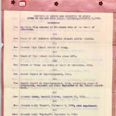 Inventory of objects from the Alameda High School Corner Stone Box, 1902