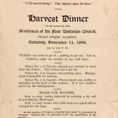 Harvest dinner Program of the Unitarian Church, 1896