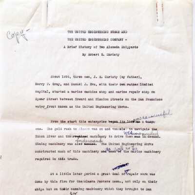 Typed history of 'The United Engineering Works', by Robert e. Christy, prior to 1971