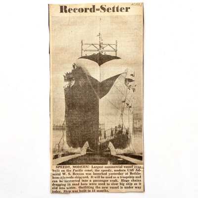 Clipping about launching of U.S.S. Admiral WS Benson, 1943