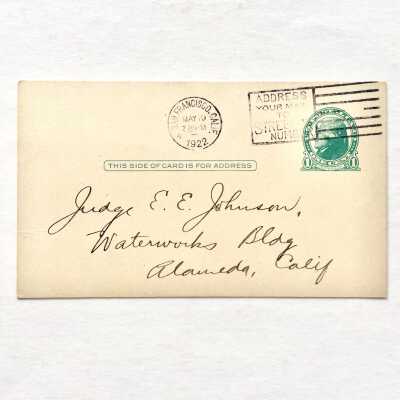 Postal Card to Judge Elmer E. Johnson, Waterworks Building, 1922