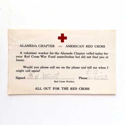 American Red Cross Notice, about a call about War Fund Contributions, c. 1942-1945
