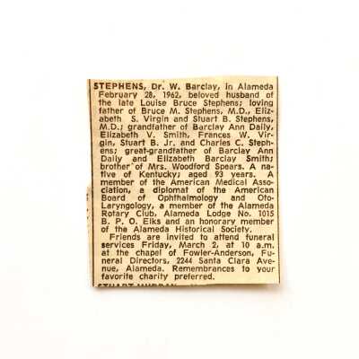 Clipping obituary Dr. W. Barclay Stephens, 1962