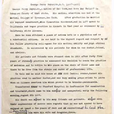 Typed Biographical sketch of Dr. Perry Reynolds, M.D., 1847-1942, prior to 1999