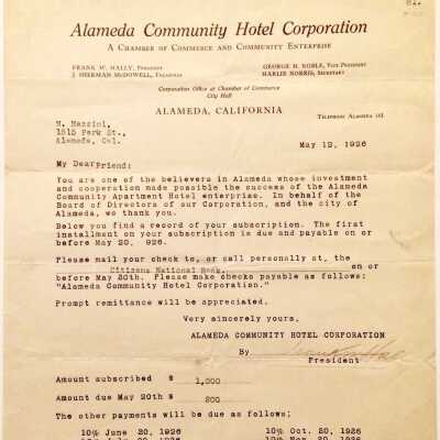Notice sale of stocks, Alameda Community Hotel Corporation, 1926