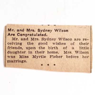 Clipping 'Mr. and Mrs. Sidney Wilson' about the birth of a daughter, c. 1916