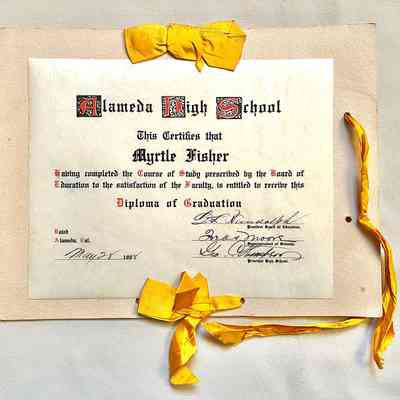 Alameda High School Diploma awarded to Myrtle Fisher, 1908