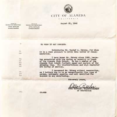 Letter of Recommendation for Gustaf A. Ekberg signed by Otto Rittler, 1942