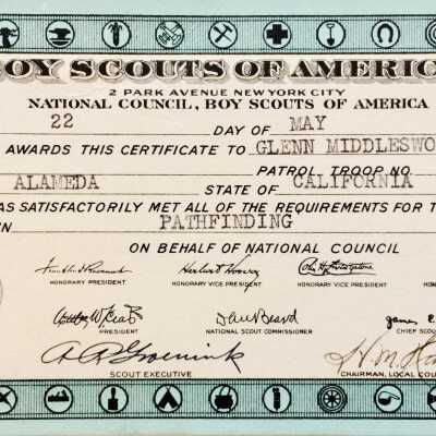 Certificate toward Boy Scout Pathfinding badge, 1933