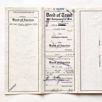 Deed of Trust by Anne Macdonald to Bank of America, for 2066 San Jose Ave., 1943