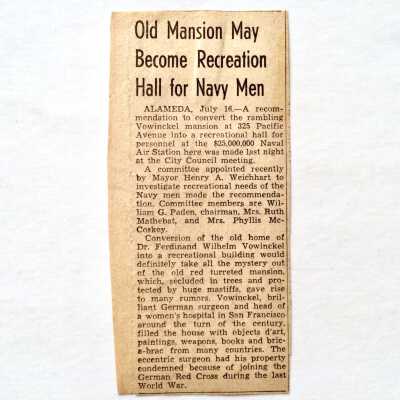 Clipping 'Old Mansion may become Recreation Hall for Navy men', c. 1940