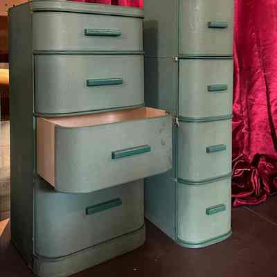 Four-drawer storage boxes in two shades of green, c. 1940