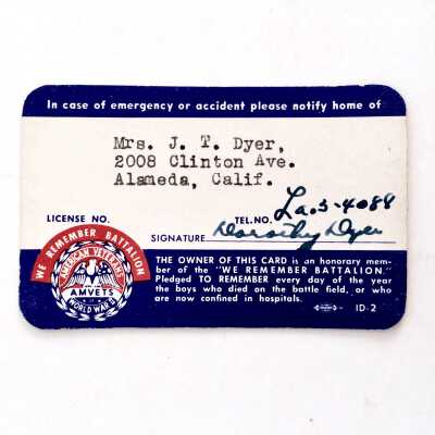 Veterans of WW-II membership card of Mrs. J. T. Dyer, 1952-1953