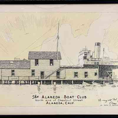 Alameda Boat Club pen-and-ink sketch, by Oscar Bryn, 1954
